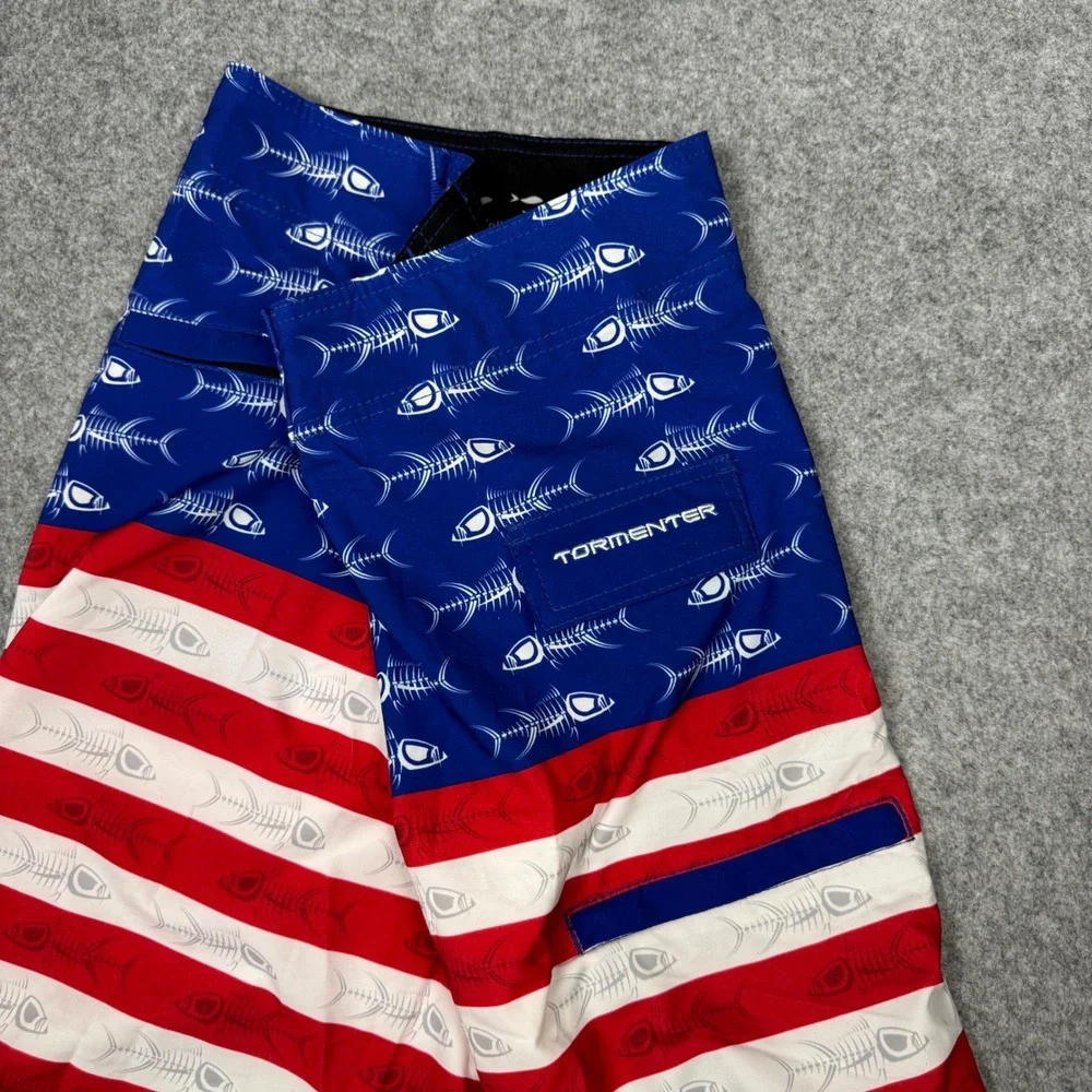 Tormenter Mens American Flag Fish Bone Board Shorts Blue Red White SPF35 Size 30
